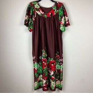 AmeriMark MuMu House Dress Brown, Red, Pink, Green Floral Print, Pockets, Size L